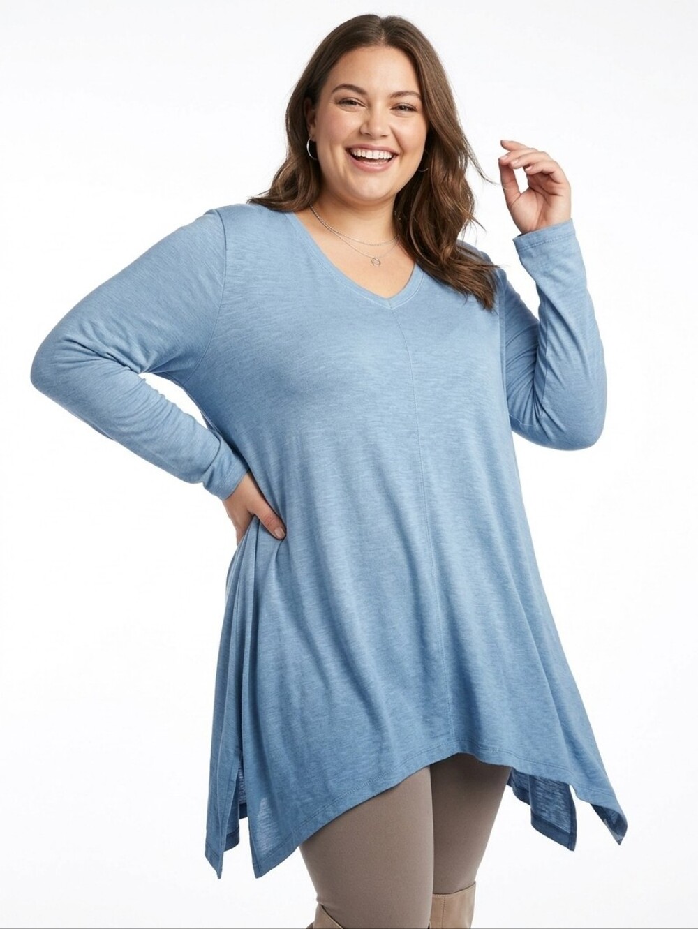 Style & Co. Slate Blue Long Sleeve V-Neck Handkerchief Hem Tunic Blouse